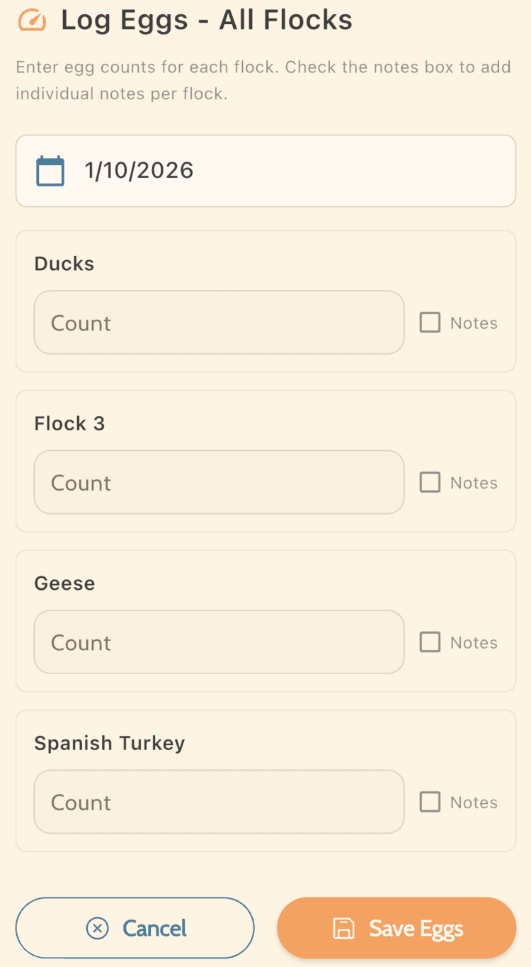 CoopSuite egg logging screen